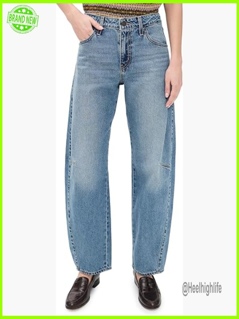 Women's Mid Rise Loose Fit Curved Leg Jeans Stack Hem Denim